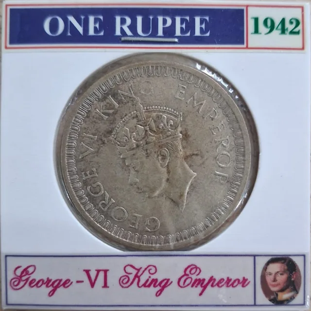Obverse of a 1942 King George VI British India reduced-fineness silver one rupee coin