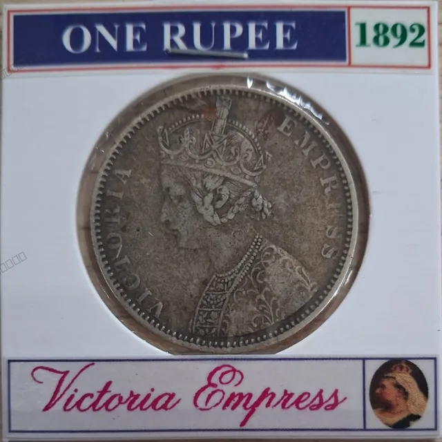 Obverse of an 1892 Queen Victoria Empress of India silver one rupee coin